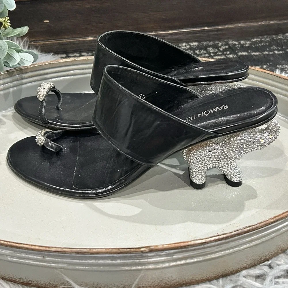 Ramon Tenza Black Heel W/Swarovski Crystal‎ Embellished Elephant Heel SZ 40 RARE